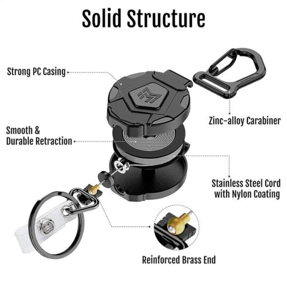 Retractable Keychain Badge Holder Heavy Duty Carabiner ID Reel 2 Pack Steel Cord - Picture 5 of 7